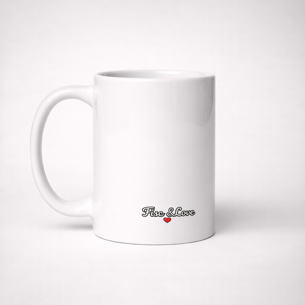 Mug en céramique blanc de face montrant le logo noir Fisc & Love avec un petit cœur rouge en bas. Anse à droite. Cadeau humour administratif.