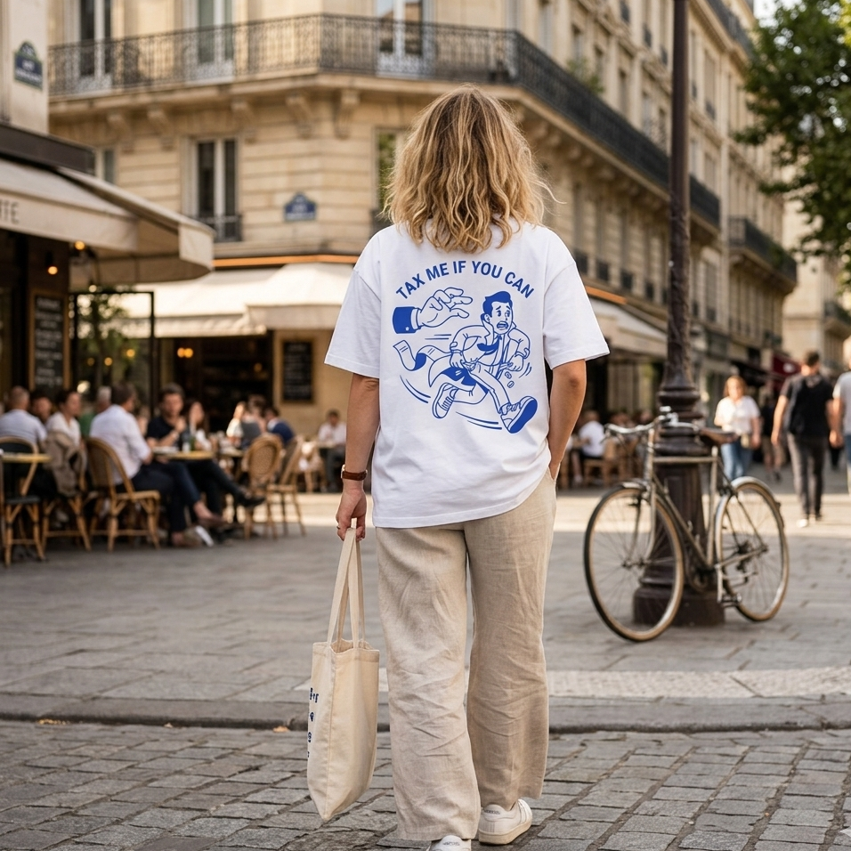 Vue de dos d'une femme portant le t-shirt blanc oversize "Tax Me If You Can" avec un pantalon fluide en lin beige. Elle marche dans une rue pavée de Paris à côté d'une terrasse de café typique. Le design bleu marine au dos représente une caricature satirique. Style décontracté, chic et urbain.
