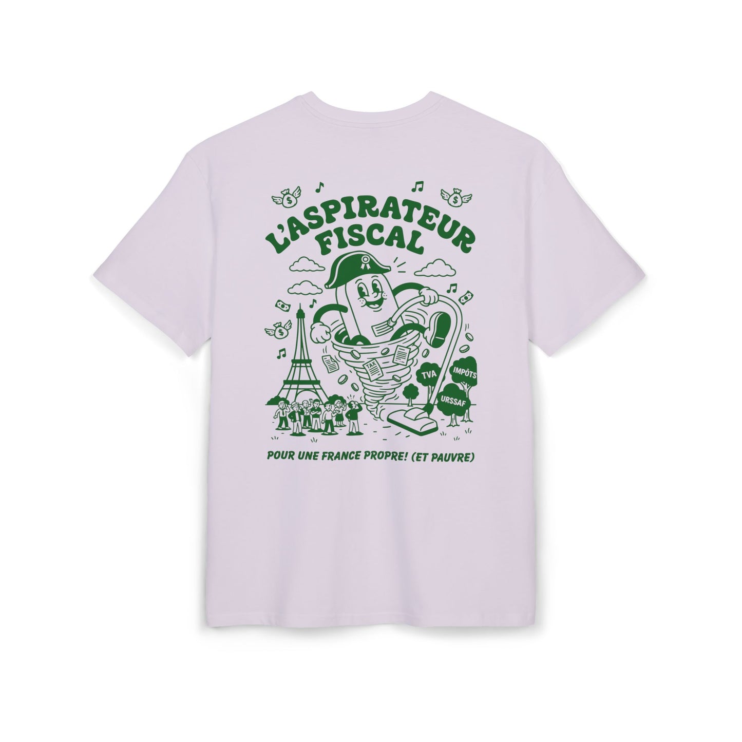 T-shirt Lilas"Douceur Administrative" oversize en coton lourd 240g avec impression dos verte "L'Aspirateur Fiscal" satirique pour homme et femme.