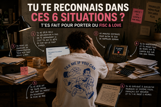 Illustration humoristique d’un homme débordé par ses impôts dans un bureau rempli de papiers, portant un t-shirt Fisc & Love avec design satirique sur la fiscalité française et le slogan “Tax Me If You Can”