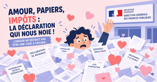 Flat design illustration, person drowning in tax papers, hearts and paperwork, French fiscal administration, humor, pastel colors