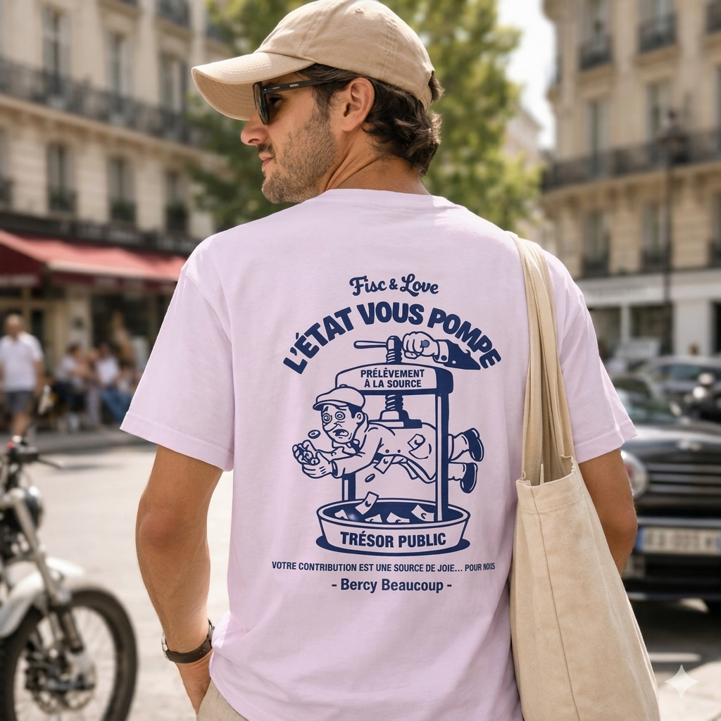 Homme de dos portant le t-shirt rose pâle "L’État vous pompe" de la marque Fisc & Love dans une rue ensoleillée au style parisien. L'homme porte une casquette beige, des lunettes de soleil et un tote bag en toile. On voit nettement l'illustration satirique bleue sur le dos du t-shirt représentant une presse fiscale. Ambiance urbaine et décontractée.