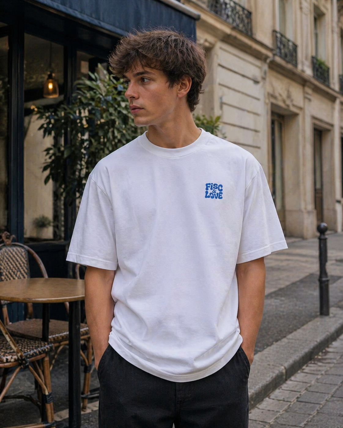 Photographie de face d'un jeune homme aux cheveux bouclés, posant dans une rue parisienne pavée à côté de chaises de café en rotin. Il porte un t-shirt blanc oversize avec un petit logo bleu brodé sur la poitrine droite. Le logo est le texte « FISC & LOVE » stylisé de manière rétro et ondulée. L'homme regarde sur le côté, les mains dans les poches. L'arrière-plan montre une façade d'immeuble classique et une vitrine de commerce bleu foncé