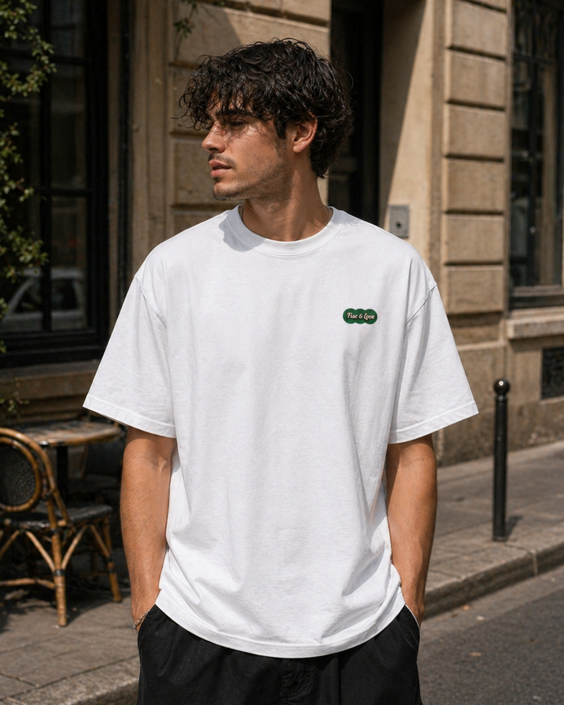 Photographie de face d'un homme aux cheveux bouclés, posant dans une rue de style parisien devant une terrasse de café. Il porte un t-shirt blanc oversize en coton épais avec un petit logo ovale vert brodé sur la poitrine gauche. L'homme regarde sur le côté, les mains dans les poches de son pantalon noir. L'arrière-plan montre une architecture classique en pierre de taille et des chaises de bistrot en rotin