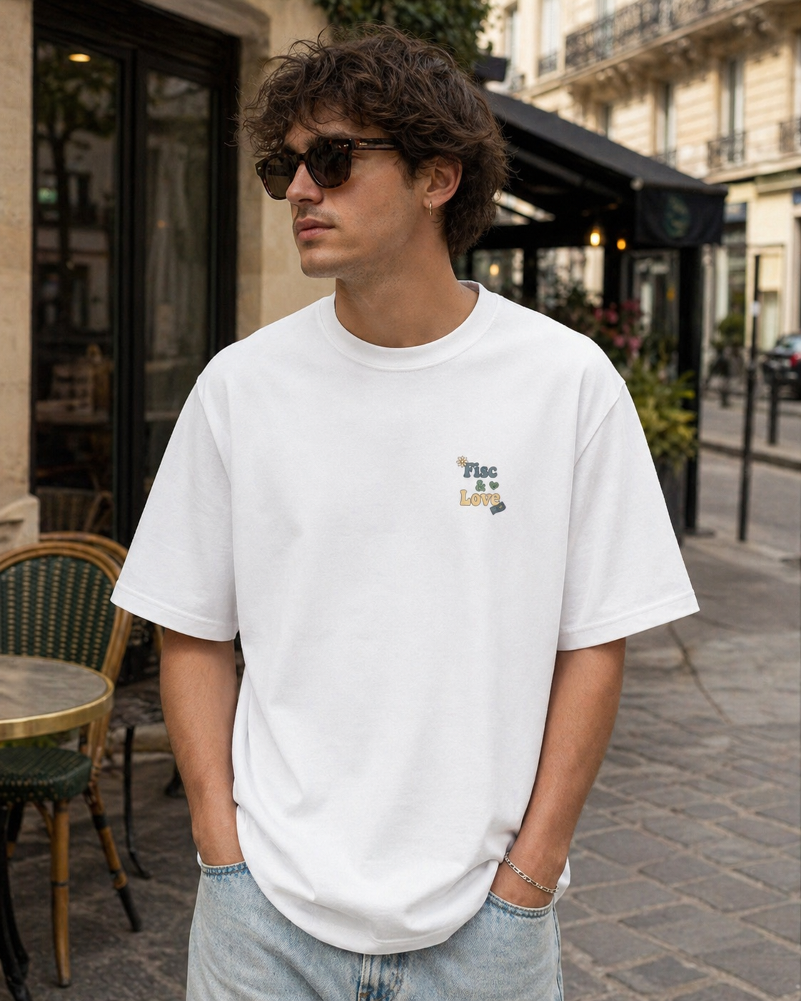 Portrait lifestyle d'un homme portant des lunettes de soleil et un t-shirt blanc oversize avec le petit logo 'Fisc & Love' sur la poitrine, posant devant une terrasse de café parisien