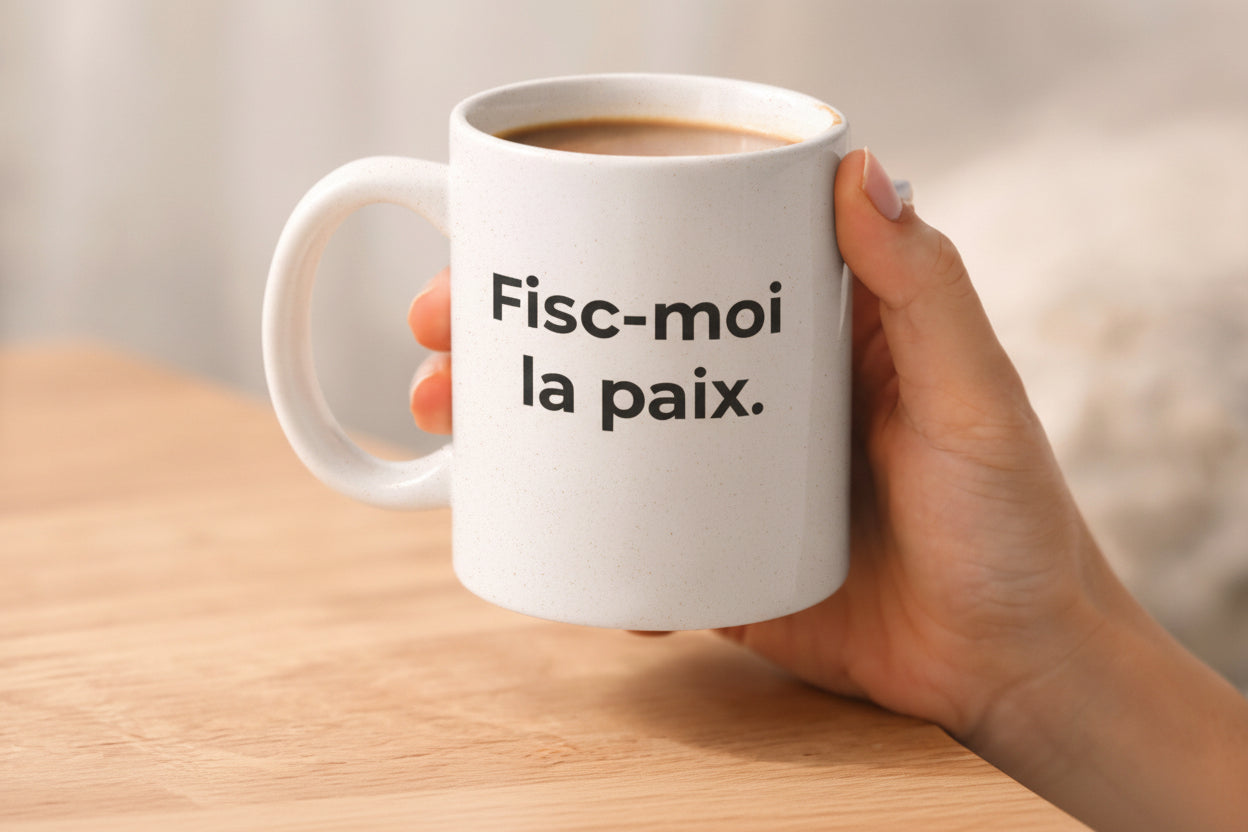 Main tenant un mug blanc rempli de café avec l'inscription noire "Fisc-moi la paix." sur une table en bois clair.