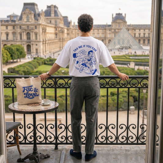 Homme de dos portant le t-shirt "Tax Me If You Can" en coton lourd sur un balcon face au Musée du Louvre à Paris. Le tote bag "Fisc & Love" et une tasse de café sont posés sur une table de café. On voit distinctement le design satirique bleu marine sur le t-shirt blanc oversize. Style luxury streetwear parisien.