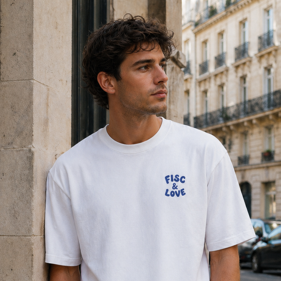 Photo de style de vie en plan moyen montrant un homme debout, mains dans les poches, dans une rue de Paris. Il porte un t-shirt blanc oversize avec un petit logo bleu brodé sur la poitrine gauche. Le logo est une phrase minimaliste et humoristique : "FISC & LOVE". L'homme s'appuie contre une colonne de pierre, avec des bâtiments haussmanniens et une rue floue en arrière-plan.