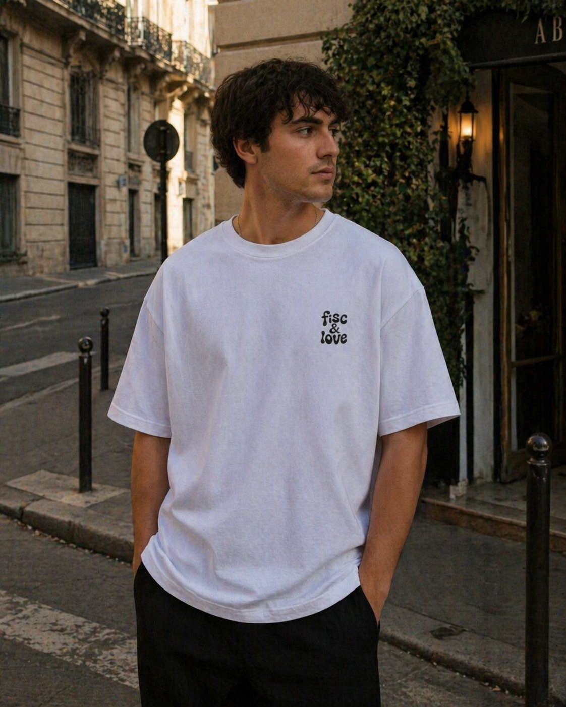 Photo de style de vie en plan moyen montrant un homme debout dans une rue de Paris. Il porte un t-shirt blanc oversize avec un petit logo noir "FISC & LOVE" imprimé sur la poitrine gauche. L'homme regarde sur le côté, les mains dans les poches de son pantalon noir. L'arrière-plan présente une architecture parisienne classique avec des immeubles en pierre