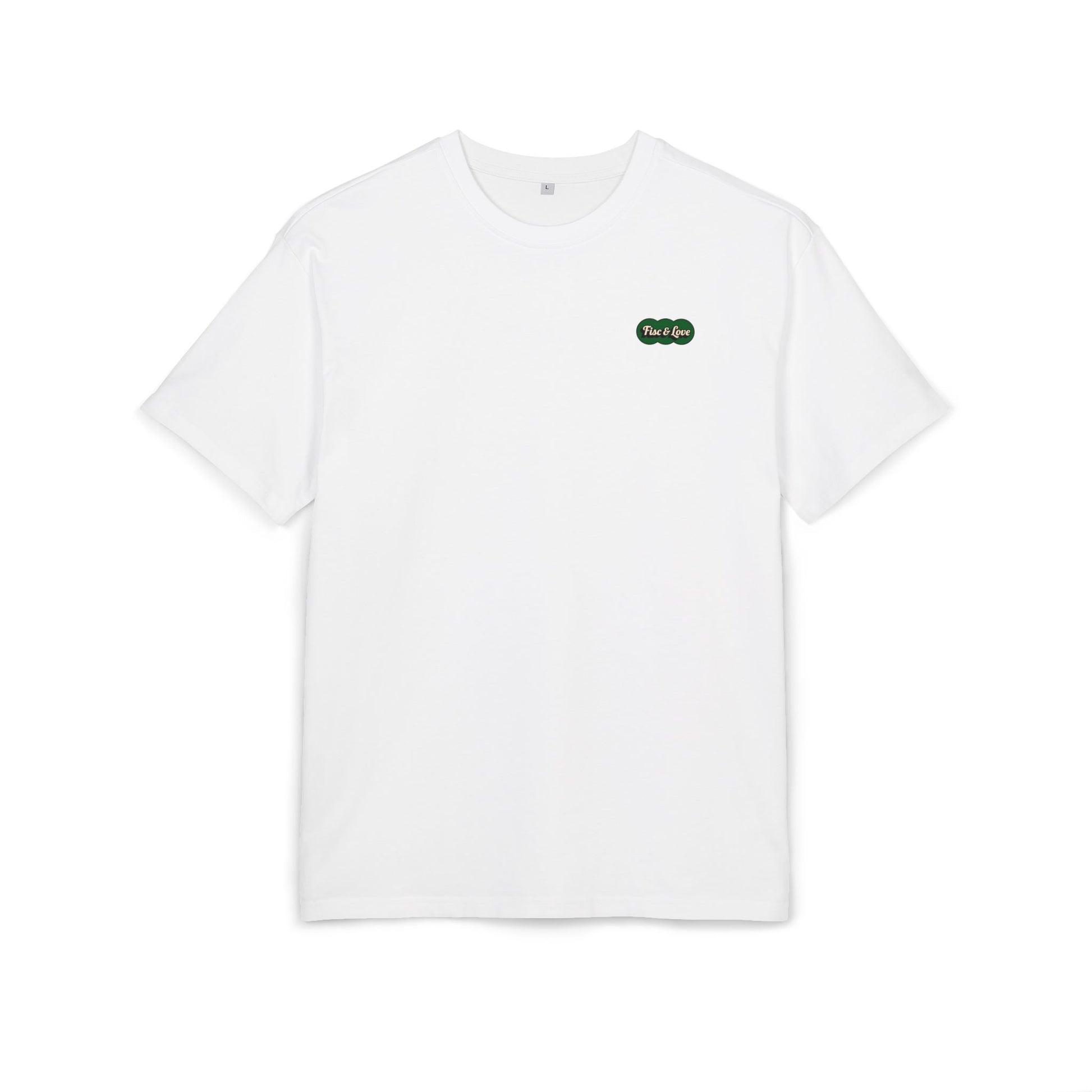 Vue de face du T-shirt Blanc "Quittance de Loyer" oversize avec petit logo vert Fisc & Love sur la poitrine, coton premium lourd 240g.