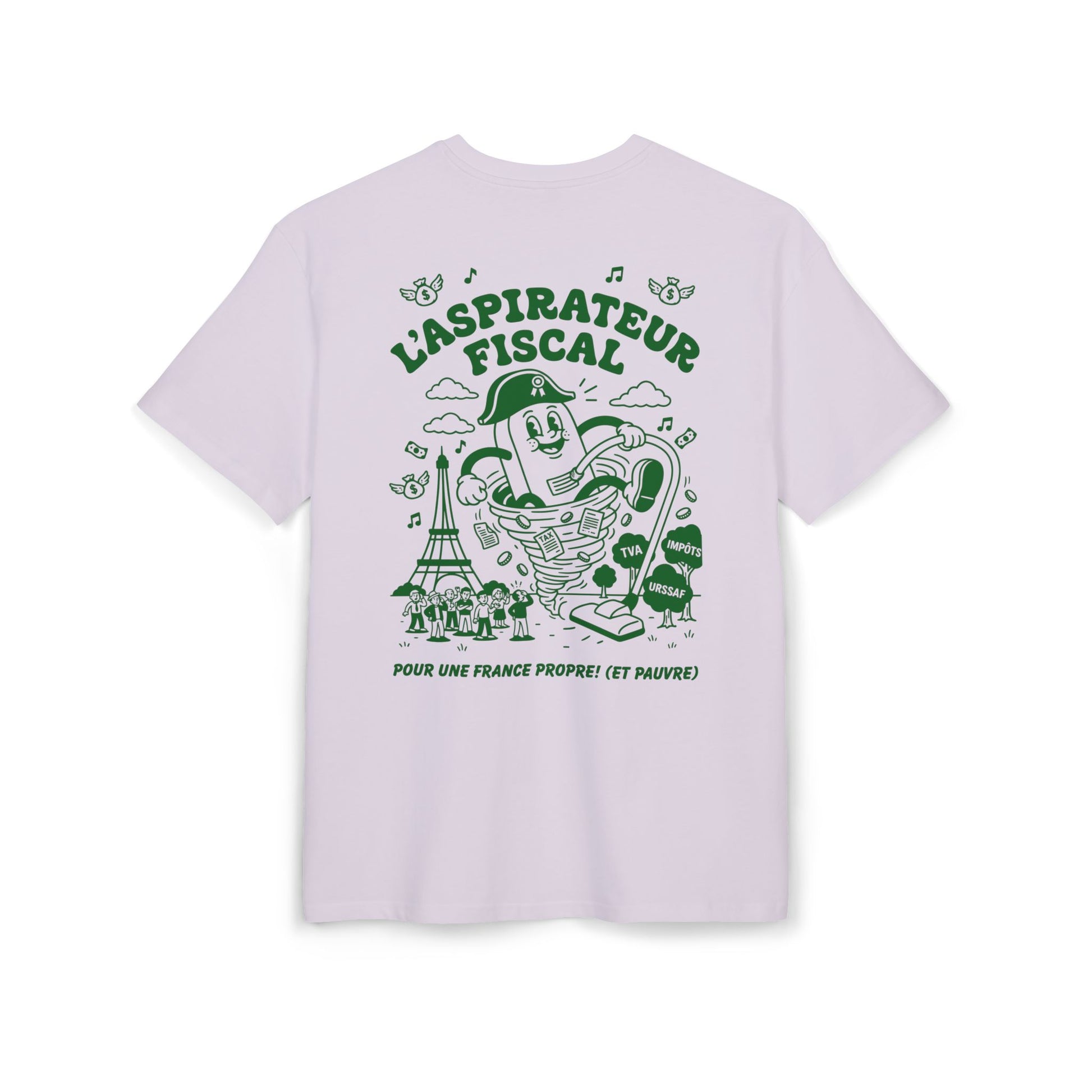 T-shirt Lilas"Douceur Administrative" oversize en coton lourd 240g avec impression dos verte "L'Aspirateur Fiscal" satirique pour homme et femme.