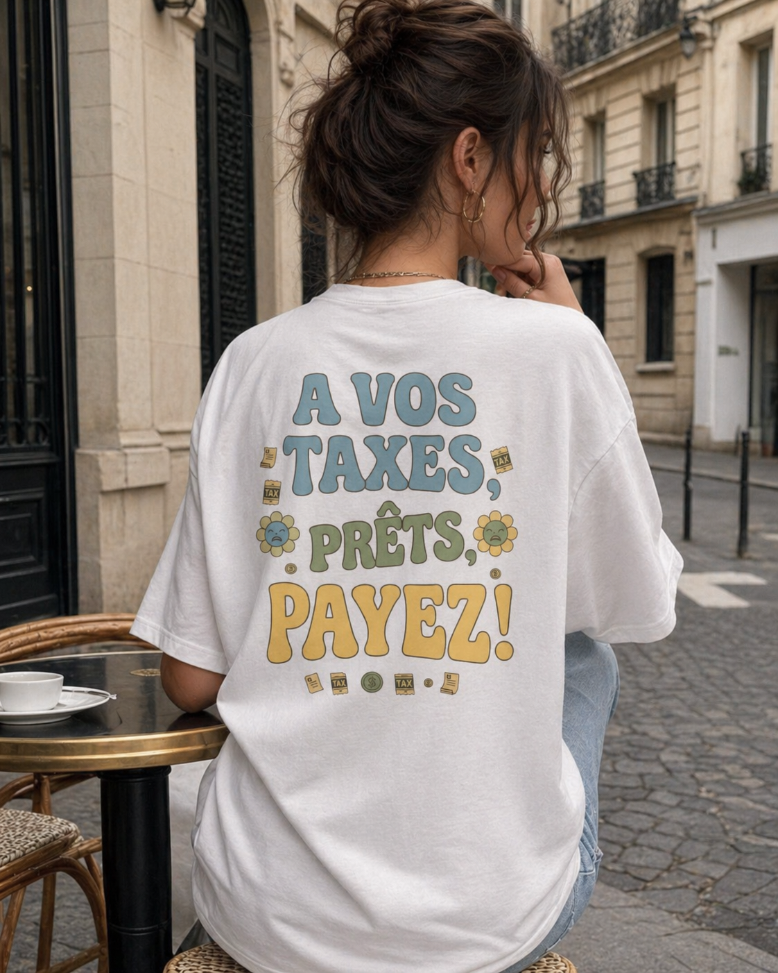 Vue de dos d'une femme avec un chignon décontracté, assise à la terrasse d'un café parisien avec une tasse de café devant elle. Elle porte un t-shirt oversize blanc cassé. Le dos du t-shirt arbore un graphique de style rétro en trois couleurs avec le texte : « A VOS TAXES, PRÊTS, PAYEZ ! ». « TAXES » est en bleu, « PRÊTS » en vert avec une petite fleur souriante, et « PAYEZ » en jaune avec une fleur triste. L'arrière-plan montre l'architecture de pierre classique d'une rue parisienne.