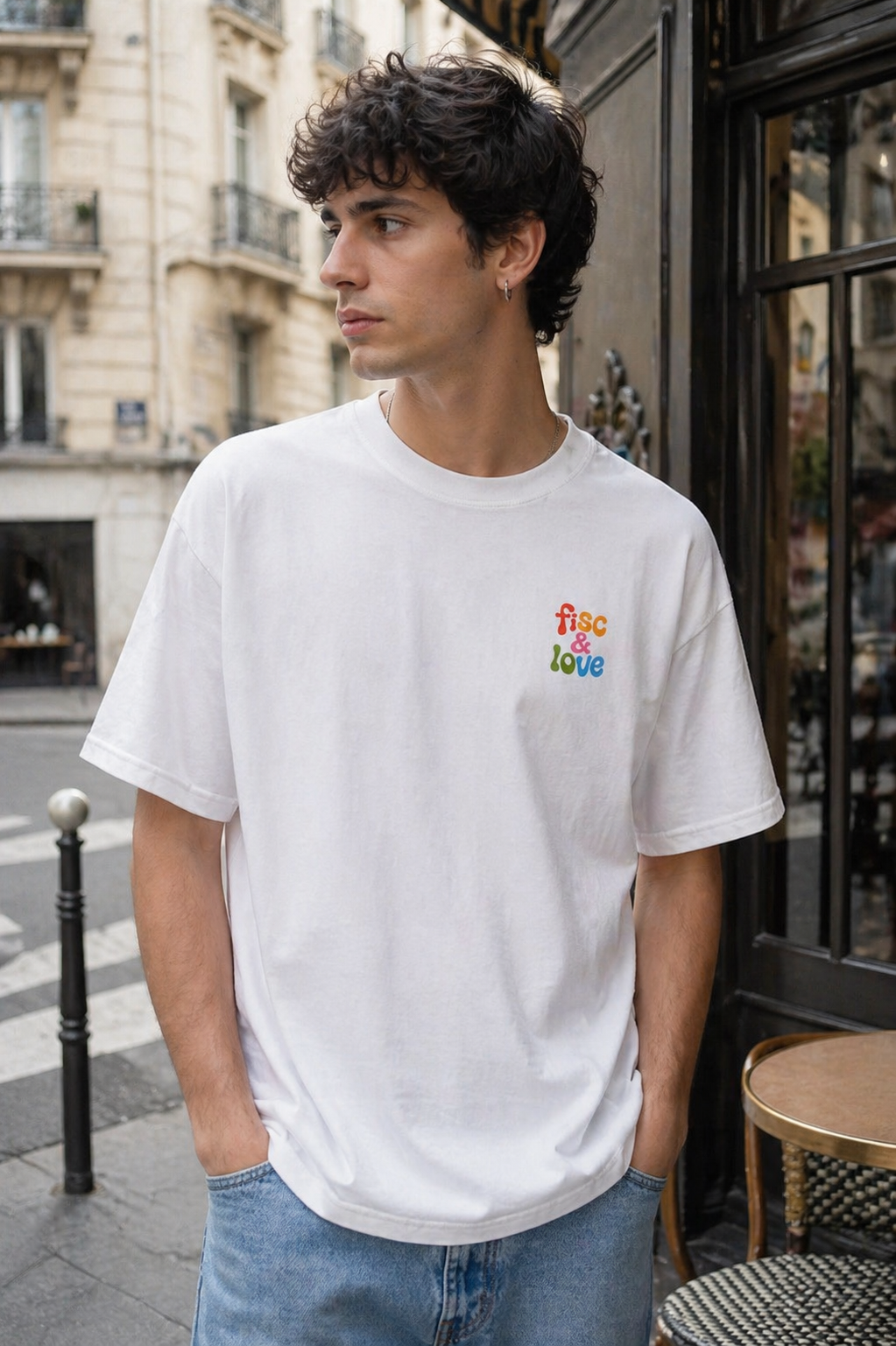 Photo de style de vie en plan moyen montrant un homme debout, mains dans les poches, dans une rue pavée typique de Paris. Il porte un t-shirt blanc oversize avec un petit logo multi-coloré brodé sur la poitrine gauche : "FISC & LOVE". Il se tient devant des bâtiments haussmanniens classiques et une terrasse de café floue.